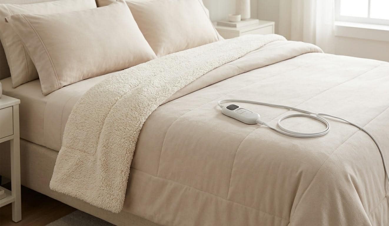 Reversible full size electric blanket showing flannel side and sherpa side Reversible full size electric blanket showing flannel side and sherpa side